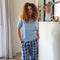 Ensemble pyjama d'été femme, T-shirt bleu clair + Pantalon à Carreaux bleu clair X pétrole