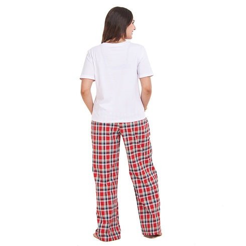 Ensemble pyjama d'été femme, T-shirt blanc cassé + Pantalon à Carreaux bleu foncé X rouge