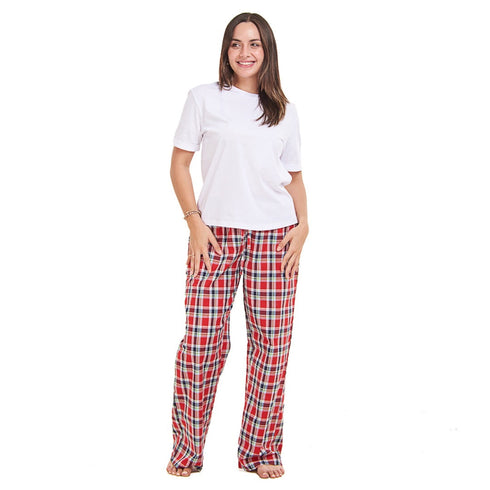 Ensemble pyjama d'été femme, T-shirt blanc cassé + Pantalon à Carreaux bleu foncé X rouge
