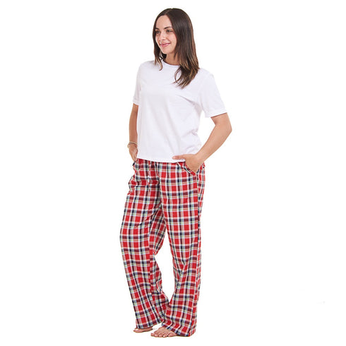 Ensemble pyjama d'été femme, T-shirt blanc cassé + Pantalon à Carreaux bleu foncé X rouge