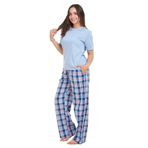 Ensemble pyjama d'été femme, T-shirt bleu clair + Pantalon à Carreaux bleu clair X pétrole