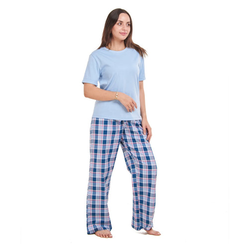 Ensemble pyjama d'été femme, T-shirt bleu clair + Pantalon à Carreaux bleu clair X pétrole
