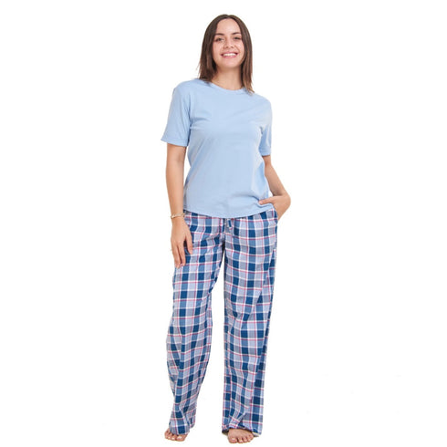 Ensemble pyjama d'été femme, T-shirt bleu clair + Pantalon à Carreaux bleu clair X pétrole