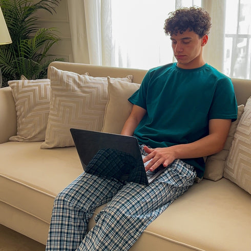 Ensemble pyjama été homme T-shirt pétrole+ Pantalon à Carreaux blac x pétrole