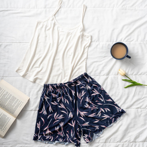 Ensemble pyjama d'été femme, Chemisier blanc cassé+Short à volants en saules en cachemire