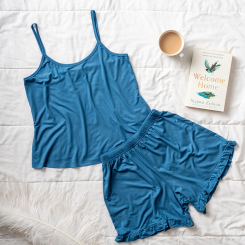 Ensemble pyjama d'été femme, Chemisier pétrole + Short à volants pétrole