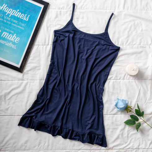 Chemise de nuit d’été femme bleu foncé volants