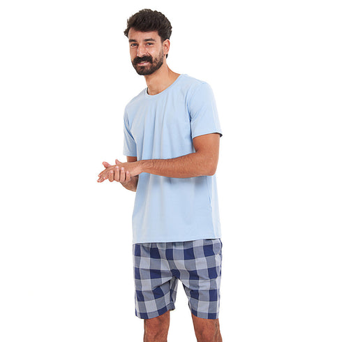 Ensemble pyjama été homme T-shirt bleu clair + Short à Carreaux bleu clair X bleu