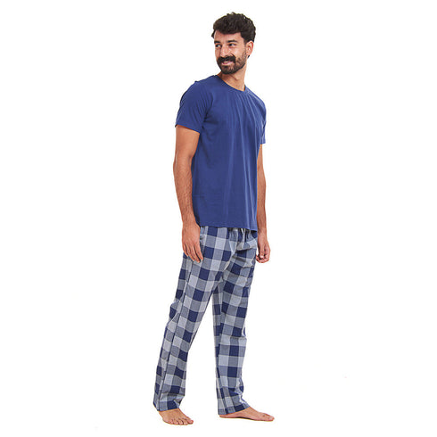 Ensemble pyjama été homme T-shirt bleu clair + Pantalon à Carreaux bleu clair X bleu
