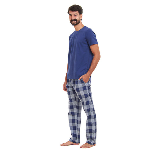 Ensemble pyjama été homme T-shirt bleu clair + Pantalon à Carreaux bleu clair X bleu