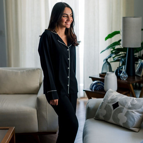 Ensemble pyjama d'été femme boutonné Noire