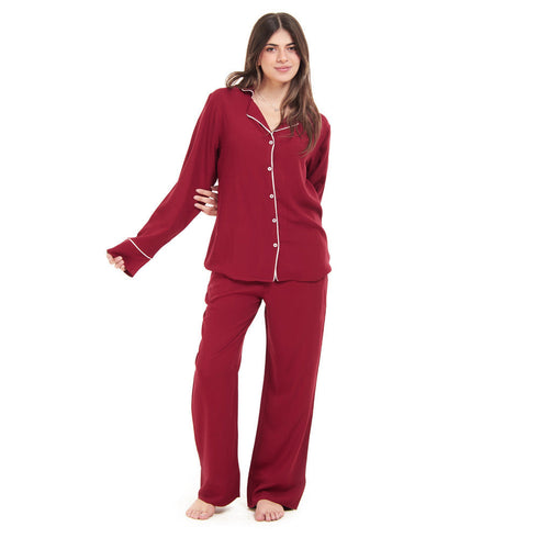Ensemble pyjama d'été femme boutonné rouge foncé