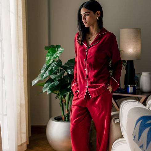 Ensemble pyjama d'été femme boutonné rouge foncé