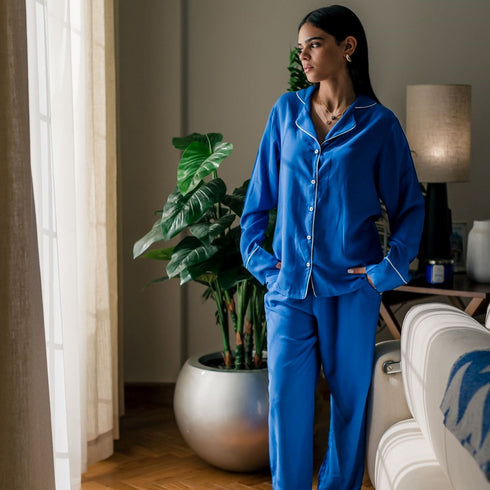 Ensemble pyjama d'été femme boutonné bleu roi