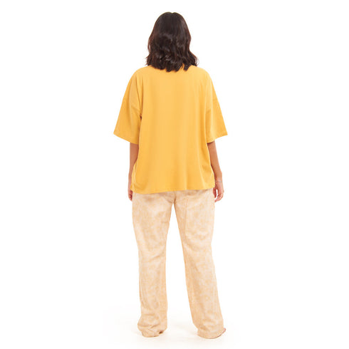 Ensemble pyjama d'été femme, T-shirt oversize jaune doré + pantalon à contours de fleurs dorées