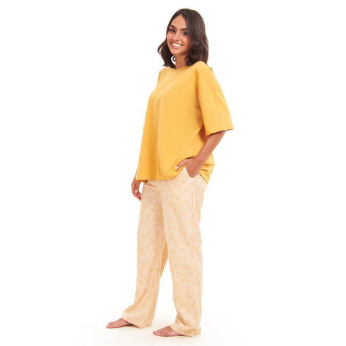 Ensemble pyjama d'été femme, T-shirt oversize jaune doré + pantalon à contours de fleurs dorées