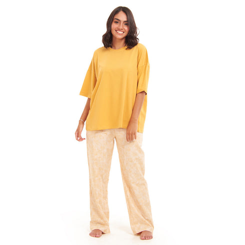 Ensemble pyjama d'été femme, T-shirt oversize jaune doré + pantalon à contours de fleurs dorées