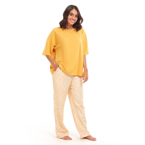 Ensemble pyjama d'été femme, T-shirt oversize jaune doré + pantalon à contours de fleurs dorées