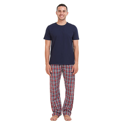 Ensemble pyjama été homme T-shirt bleu foncé + Pantalon à Carreaux bleu foncé X rouge