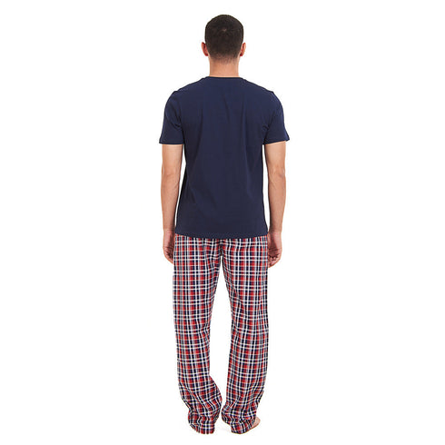 Ensemble pyjama été homme T-shirt bleu foncé + Pantalon à Carreaux bleu foncé X rouge