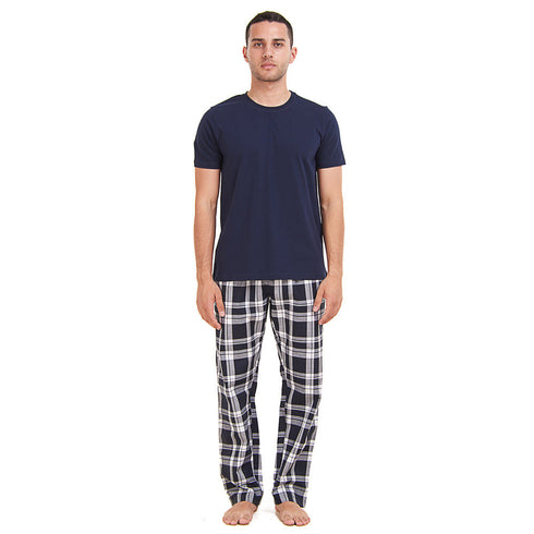 Ensemble pyjama été homme T-shirt bleu foncé + Pantalon à Carreaux bleu foncé * blanc