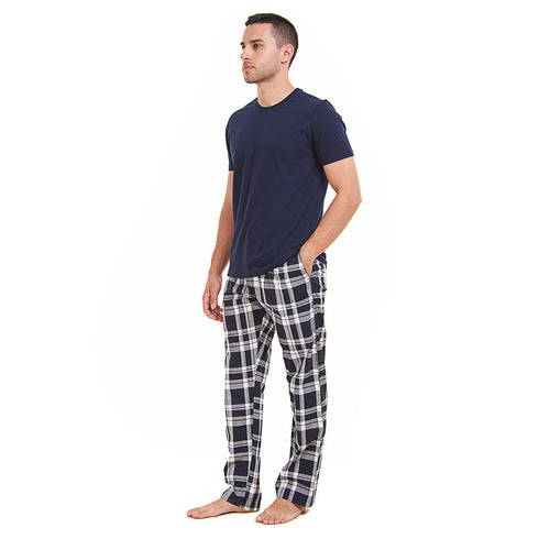 Ensemble pyjama été homme T-shirt bleu foncé + Pantalon à Carreaux bleu foncé * blanc