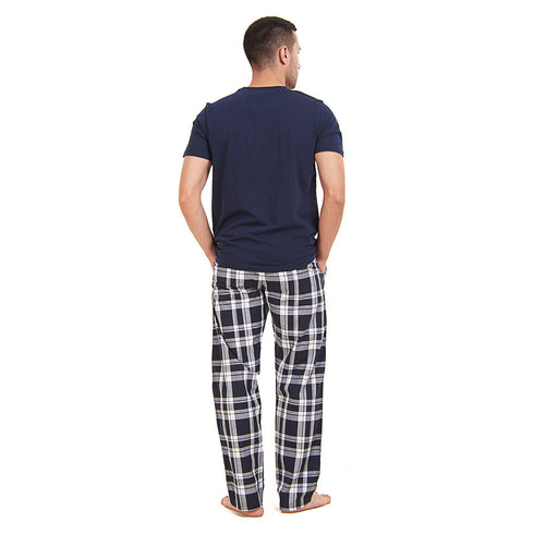 Ensemble pyjama été homme T-shirt bleu foncé + Pantalon à Carreaux bleu foncé * blanc