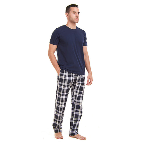 Ensemble pyjama été homme T-shirt bleu foncé + Pantalon à Carreaux bleu foncé * blanc
