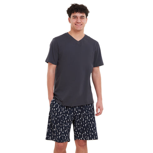 Ensemble pyjama d'été homme T-shirt gris foncé + short camouflage bleu foncé