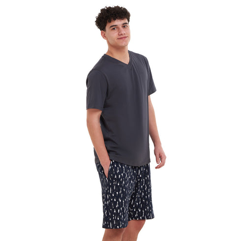 Ensemble pyjama d'été homme T-shirt gris foncé + short camouflage bleu foncé