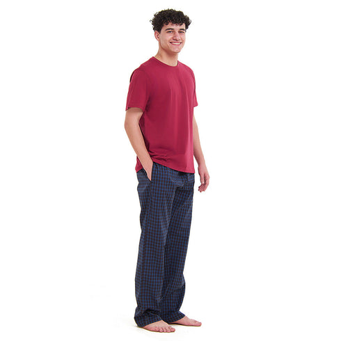 Ensemble pyjama été homme T-shirt rouge foncé + Pantalon à Carreaux Bleu x Noir