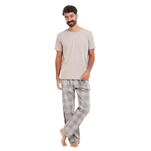 Ensemble pyjama été homme T-shirt gris + Pantalon à Carreaux gris