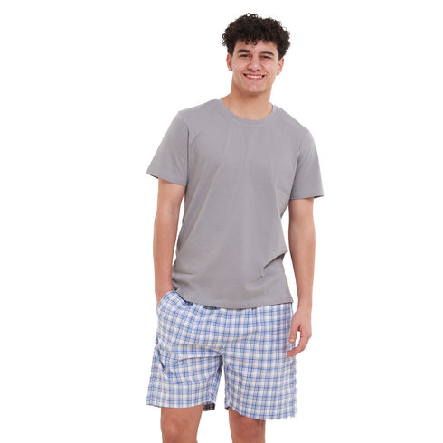 Ensemble pyjama été homme T-shirt Gris Clair + Short à Carreaux Indigo x Blanc