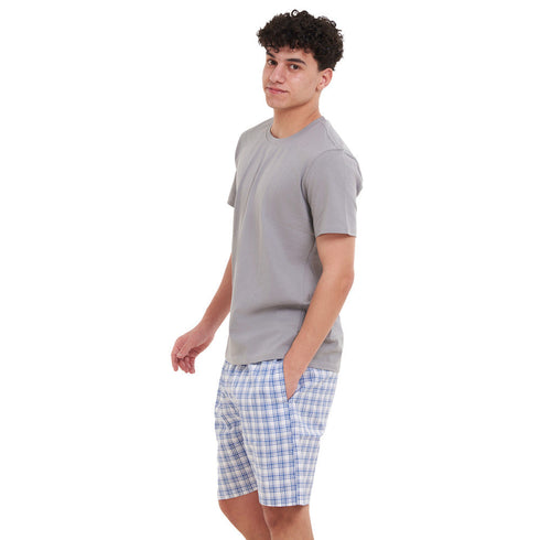 Ensemble pyjama été homme T-shirt Gris Clair + Short à Carreaux Indigo x Blanc