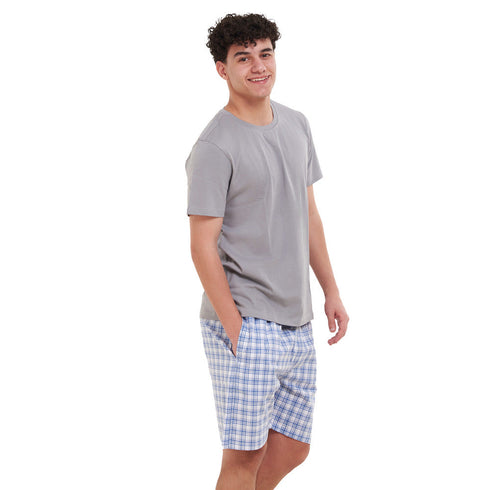 Ensemble pyjama été homme T-shirt Gris Clair + Short à Carreaux Indigo x Blanc