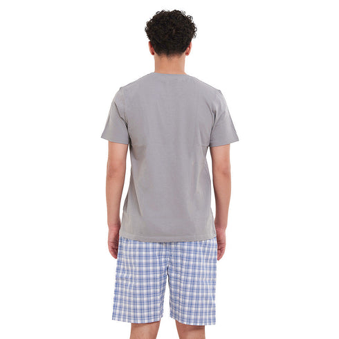 Ensemble pyjama été homme T-shirt Gris Clair + Short à Carreaux Indigo x Blanc
