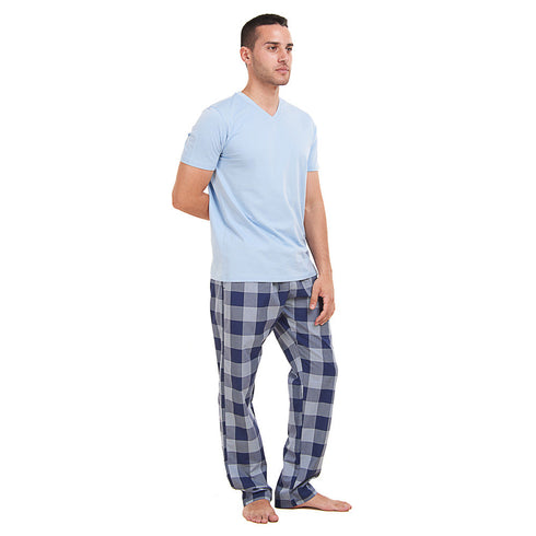Ensemble pyjama été homme T-shirt bleu clair + Pantalon à Carreaux bleu clair X bleu