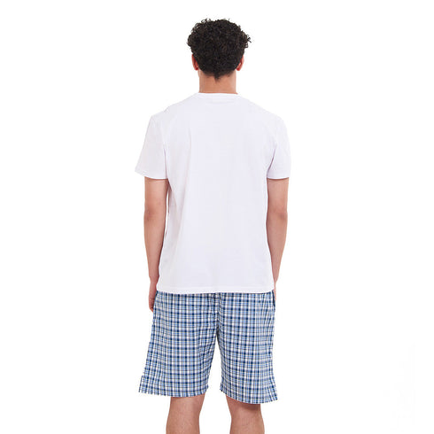 Ensemble pyjama été homme T-shirt blanc cassé + Short à Carreaux Pétrole X Blanc