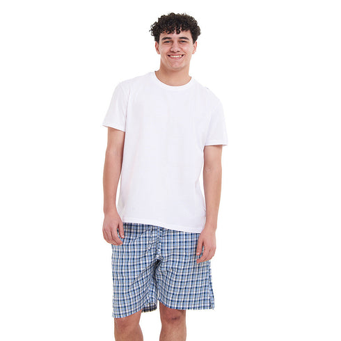 Ensemble pyjama été homme T-shirt blanc cassé + Short à Carreaux Pétrole X Blanc