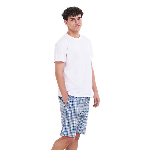 Ensemble pyjama été homme T-shirt blanc cassé + Short à Carreaux Pétrole X Blanc