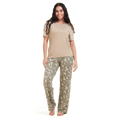 Ensemble pyjama d'été femme, T-shirt beige + pantalon pastel