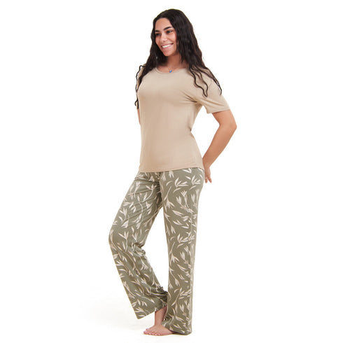 Ensemble pyjama d'été femme, T-shirt beige + pantalon pastel