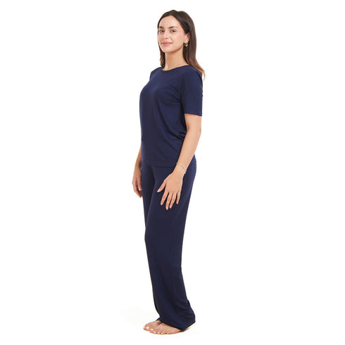 Ensemble pyjama d'été femme T-shirt + pantalon bleu foncé