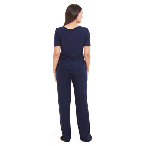 Ensemble pyjama d'été femme T-shirt + pantalon bleu foncé