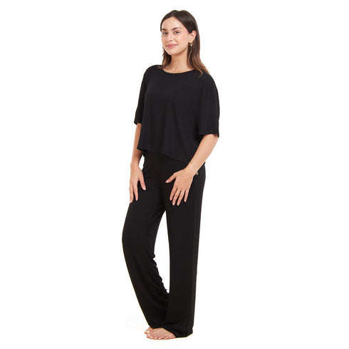 Ensemble pyjama d'été femme, T-shirt court + pantalon ,Noir