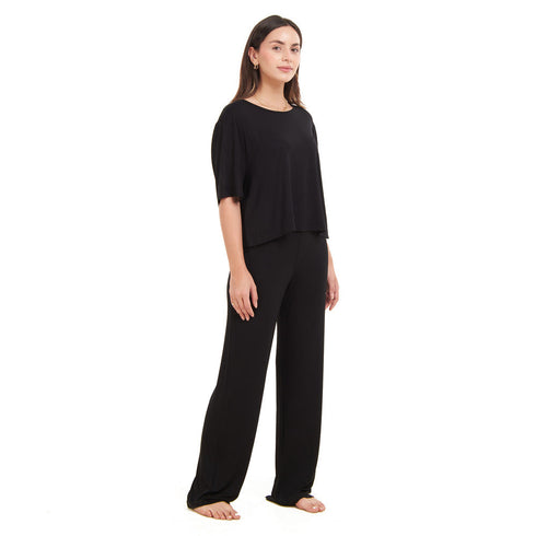 Ensemble pyjama d'été femme, T-shirt court + pantalon ,Noir