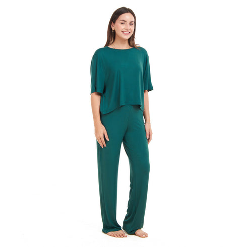 Ensemble pyjama d'été femme, T-shirt court + pantalon vert foncé