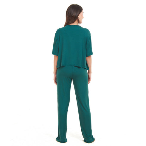 Ensemble pyjama d'été femme, T-shirt court + pantalon vert foncé