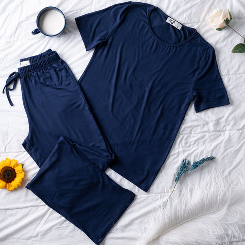 Ensemble pyjama d'été femme T-shirt + pantalon bleu foncé