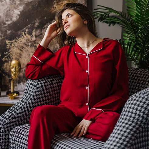 Ensemble pyjama d'été femme boutonné rouge foncé